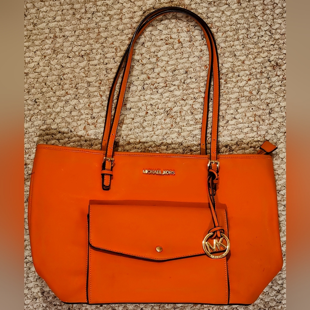 Michael Kors Vibrant Orange Handbag With Gold Accent Hardware